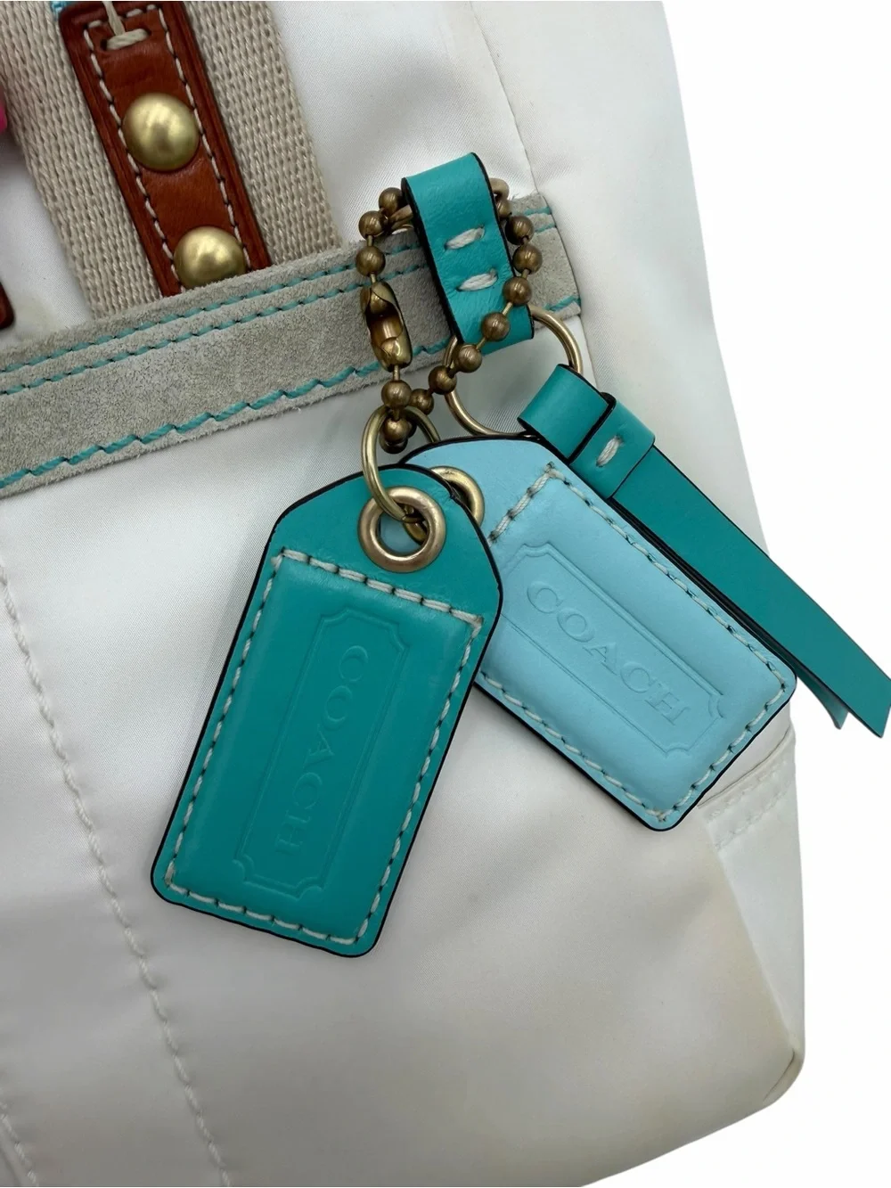 Vintage Coach Hampton White & Aqua Nylon Mini Tote Bag Leather Trim - Picture 9 of 12